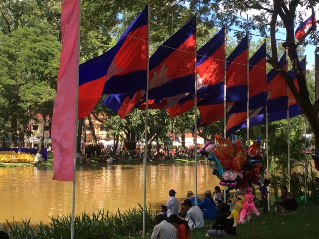 Flags on the river in Siem Reap, Cambodia during the Water Festival