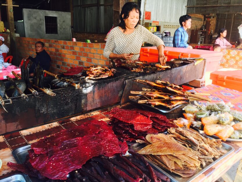 Beef jerky and dried fish on a Local food stall at Kulen Mountain Cambodia