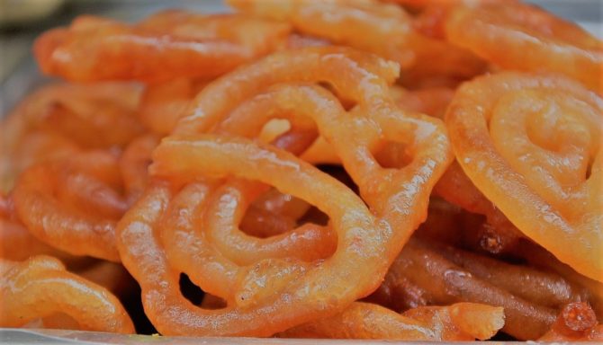 Jalebis Indian Snack or Sweet. Fried batter soaked in sugar syrup