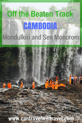 Mondulkiri and Sen Monorom - Off the Beaten Track Cambodia, orange-robed monks bathing at Bou Sra Waterfall