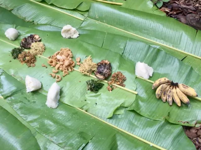 Traditional Lao food picnic lunch on banana leaves