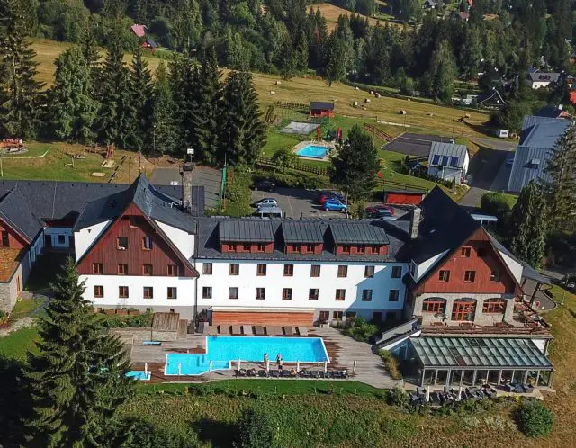 Drone view of Koprivna Resort in Jeseniky Mountains, Czech Republic