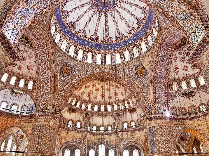 The stained glass inside of the Blue Mosque dome in Istanbul