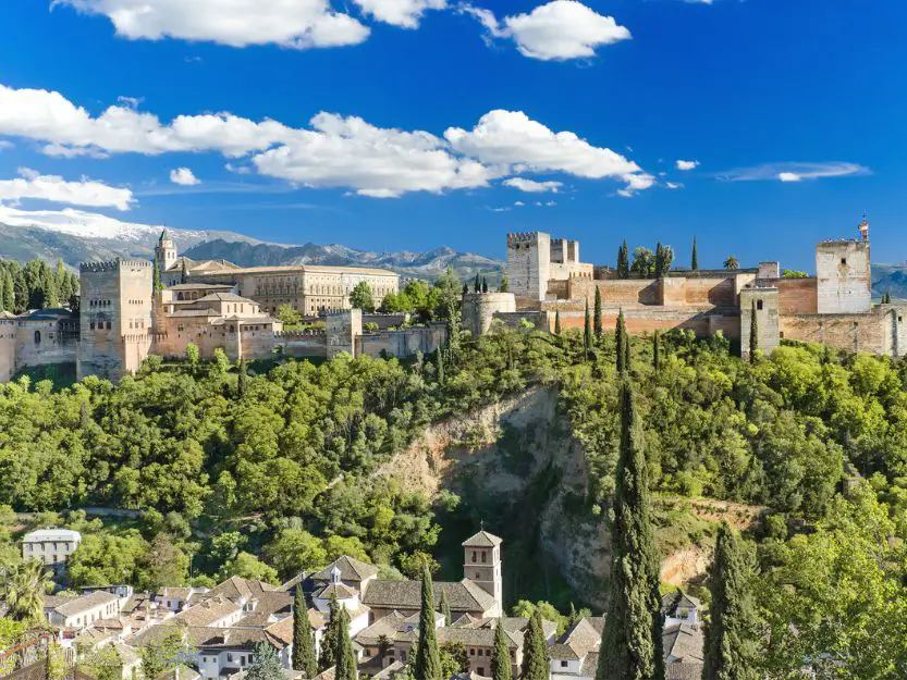 Alhambra in Granada Spain. Stone palace with green trees in foreground and blue sky with white clouds in background.