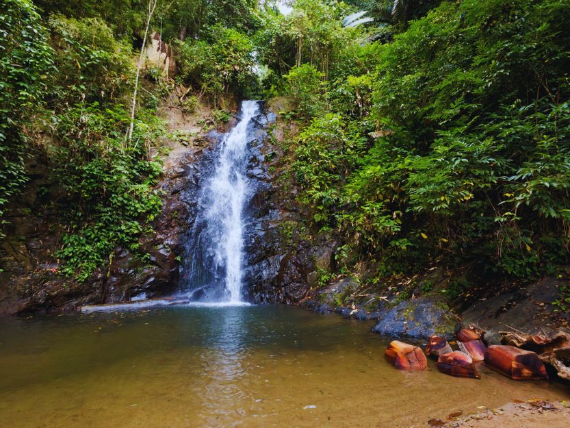 Durian Perangin Waterfall in Langkawi Durian Perangin Waterfall falling into a pool and surrounded by green trees and vegetation.
