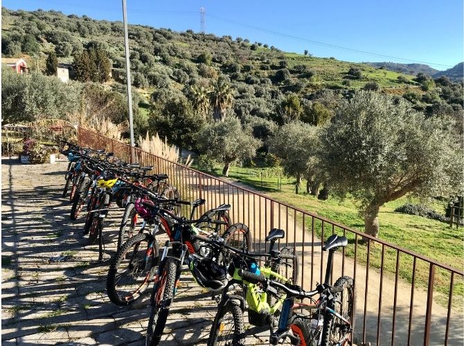 Electric bikes lined up along the fence at Agroturismo Giannavi in Sicily,