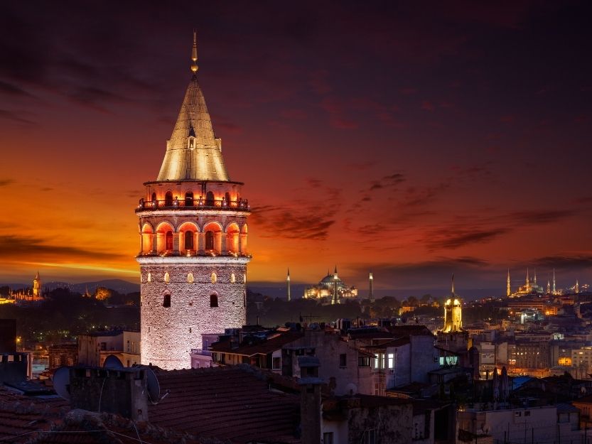 Galata Tower Illuminated at Sunset