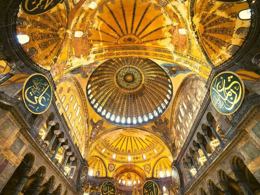 The gold tiled main dome of Hagia Sophia interior