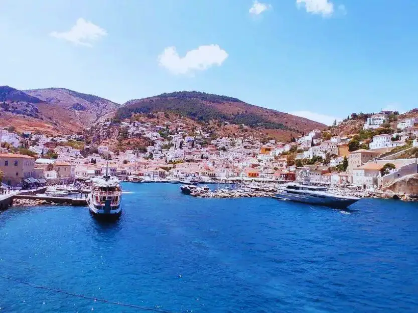 Hydra one of the most beautiful Greek islands. View fof the port with houses built up on the hill