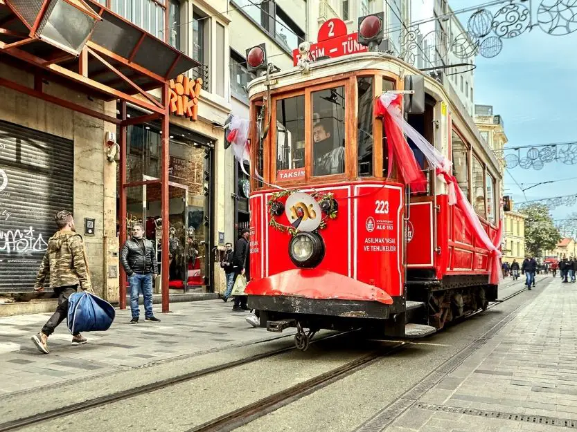 Red tram on  Istiklal Caddesi in Istanbul