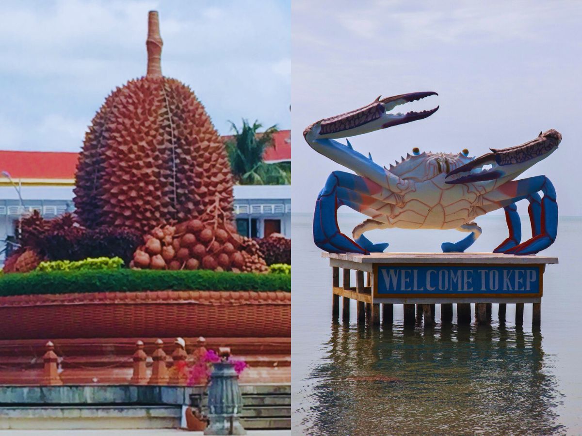 Discover Kampot and Kep in Cambodia. Image of the Kampot Durian on the left and the Kampot Crab on the right