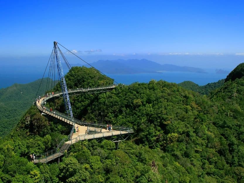 Langkawi Sky Bridge Langkawi Sky Bridge above green treetops with the blue sea, sky and islands in the background.