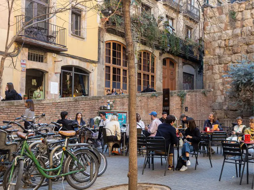 People socialising in a cafe in Spain