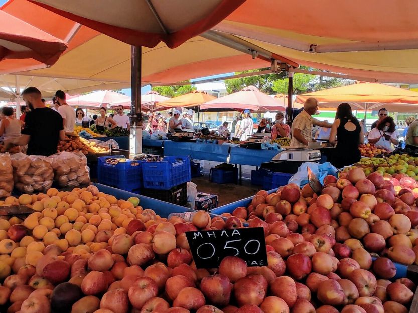 Colourful fruit stalls at the market in Ermioni Greece.