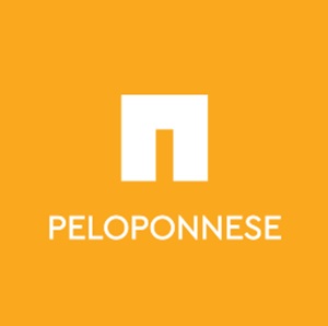 Mythical Peloponnese Logo. Yellow with white block building and in white the word PELOPONNESE