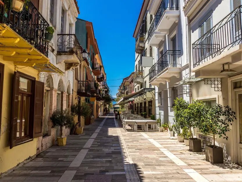 Pretty cobbled streets of Nafplio Old Town, Peloponnese, Greece