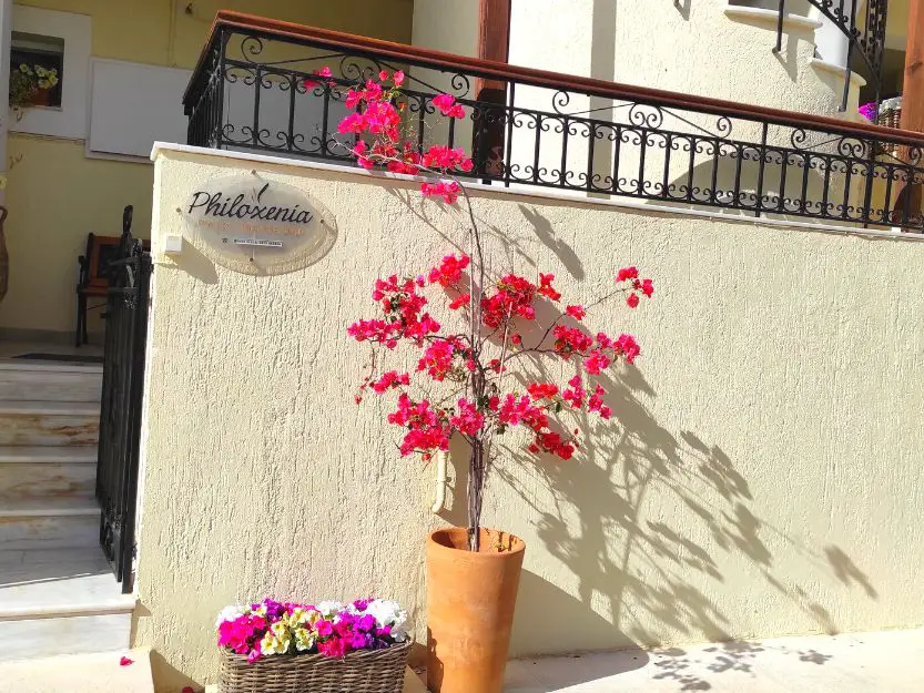 Philoxenia Ganossi in Ermioni. Red flowering small tree and basket of colourful flowers outside the hotel apartments.