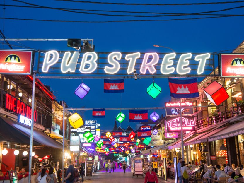 Colourful lights in pub street in Siem Reap in Cambodia