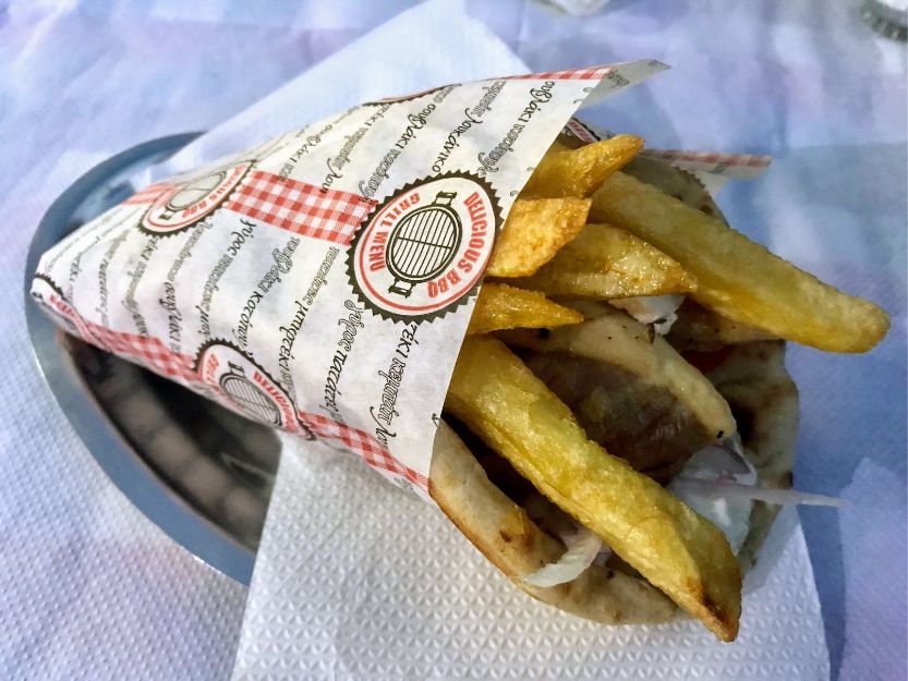 Pork souvlaki in pita in Ermioni, Greece