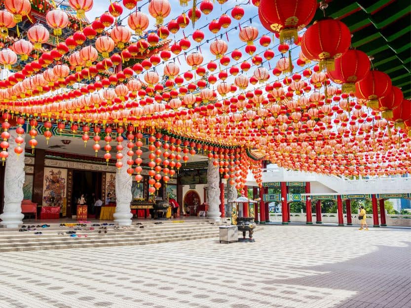 Thean Hou Temple in Kuala Lumpur Red lanterns strung above courtyard at Thean Hou Temples in Kuala Lumpur