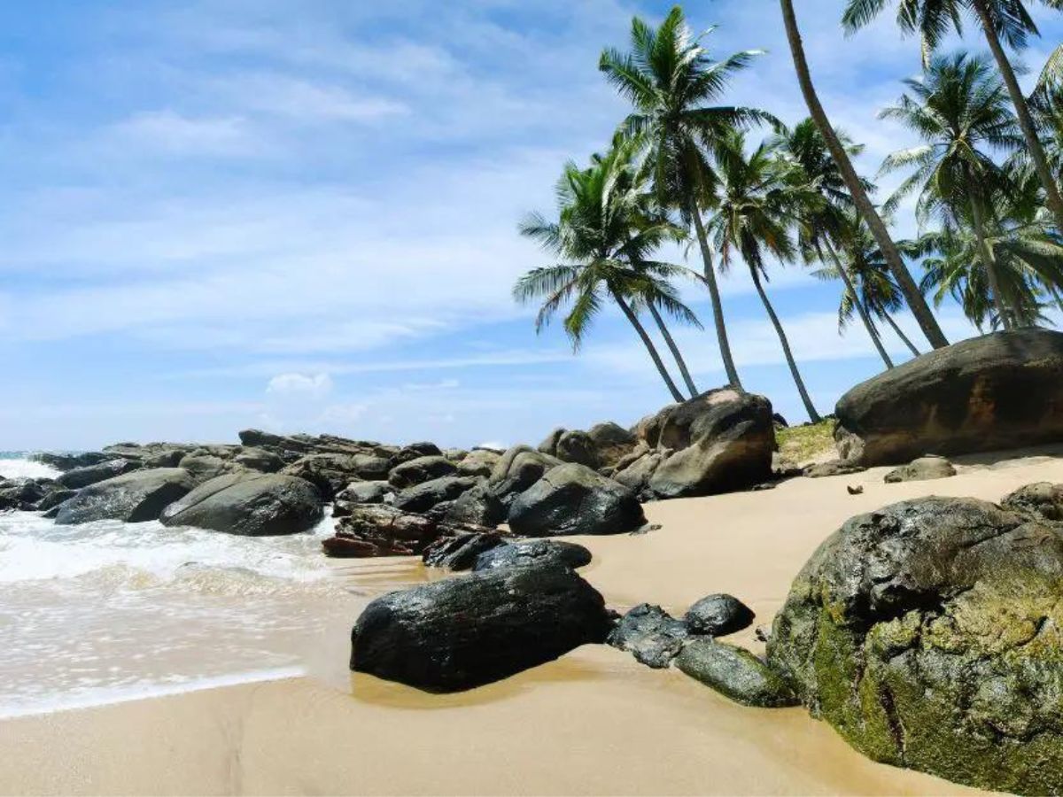 Top things to do in Tangalle in Sri Lanka, beach with large rocks on and palm trees to the right
