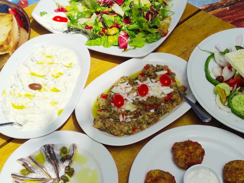 Tsakonian Cuisines - a selection of dishes including Tsakonian Eggplant dip.