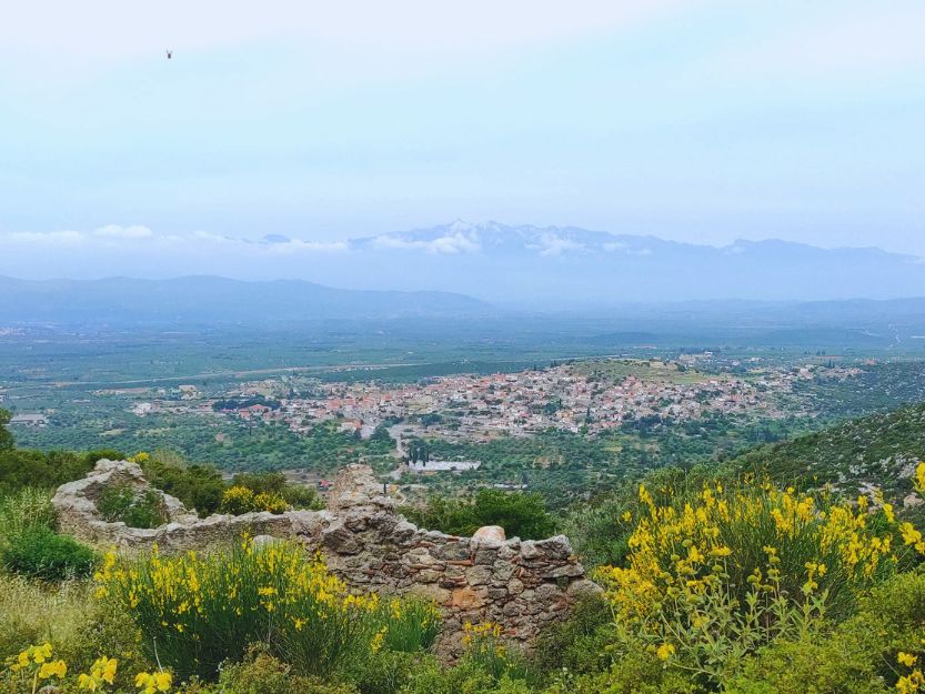 View from the top of Geraki Castle in Laconia. In the background is the Taygetus mountain range and the town of Geraki. In the foreground are ruined stone walls, greenery and yellow wildflowers