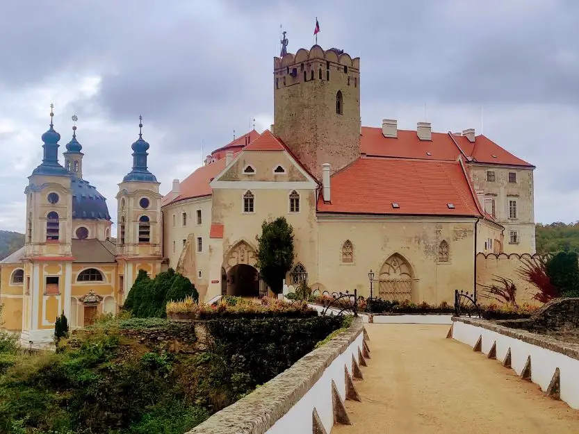Vranov Castle near Znojmo in Czech Republic with the bridge leading to the entrance.