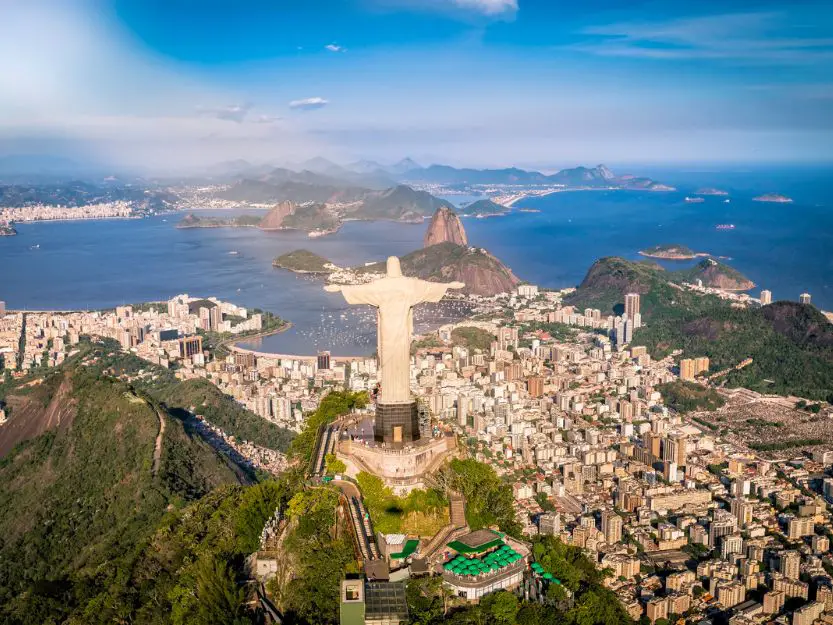 What is Brazil famous for? Image of Christ the Redeemer overlooking Botafogo Bay 
